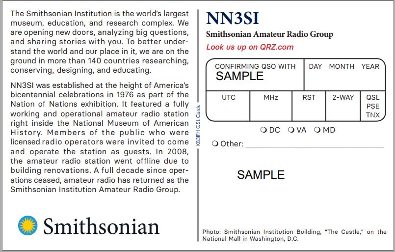 Smithosian NN3SI QSL Card Back